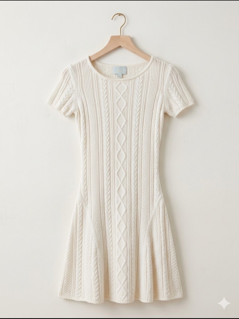 Ivory Cable Knit Sweater Dress Short Sleeve Fit Flare A Line Mini Knit Dress XS